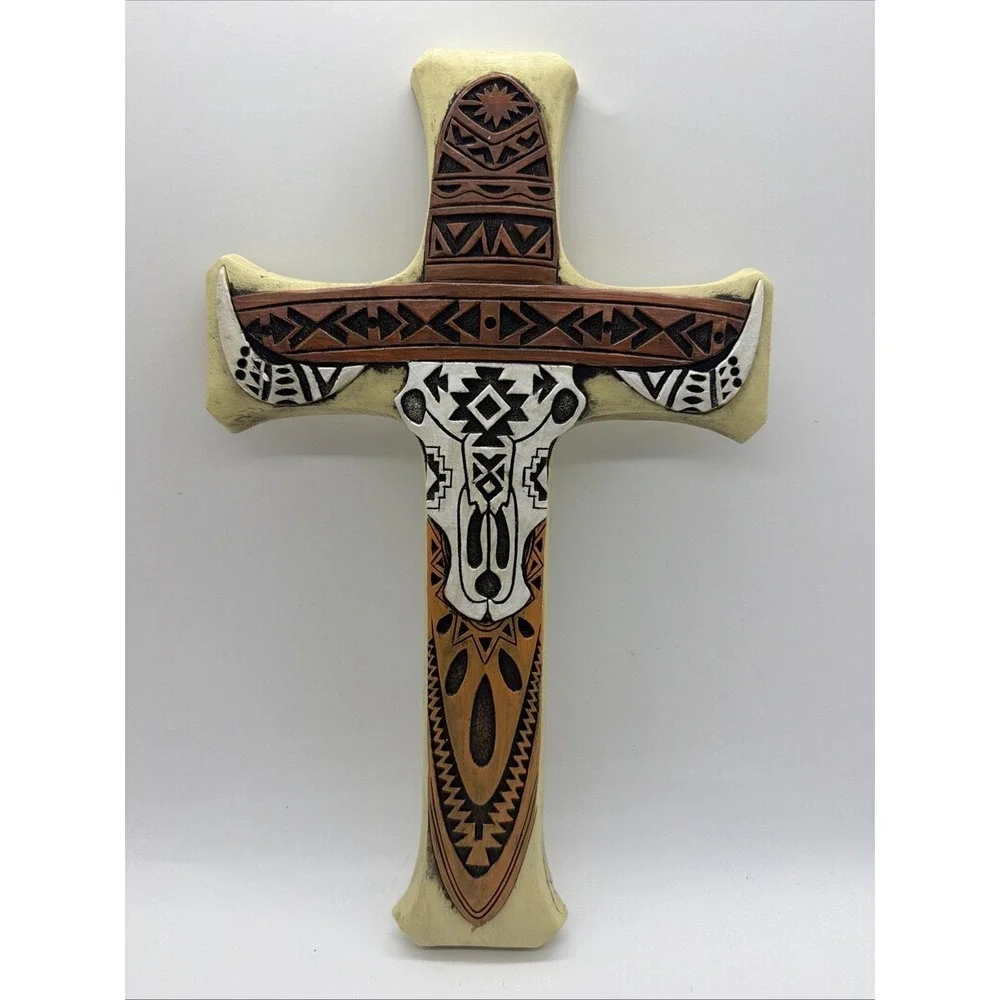Southwestern Tiki Tribal Tattoo Cowboy Hat Bull Cow Skull Wall Cross Plaque
